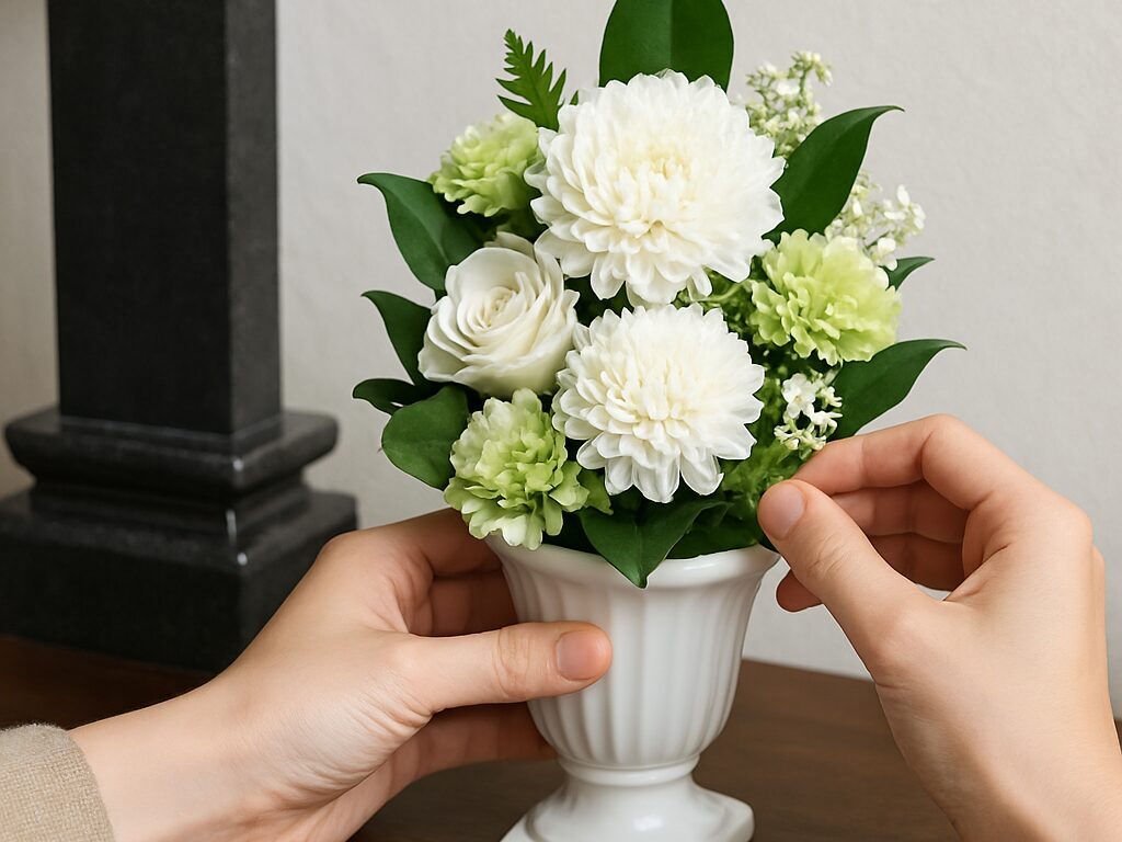 白やグリーンを基調としたプリザーブドフラワーの仏花を用意する様子
