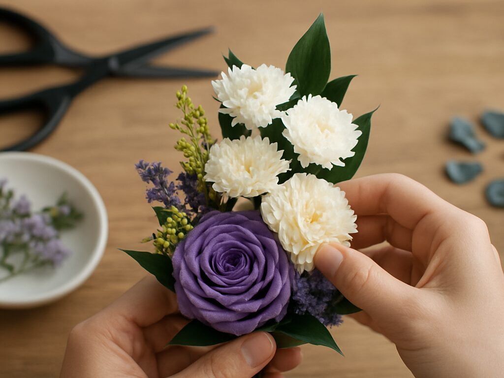 カーネーションのプリザーブドフラワーの仏花を用意する様子