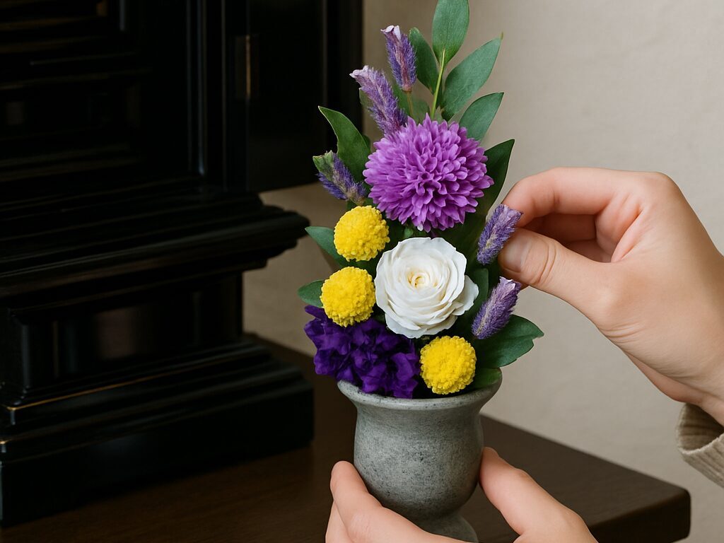 プリザーブドフラワーの仏花を用意する様子