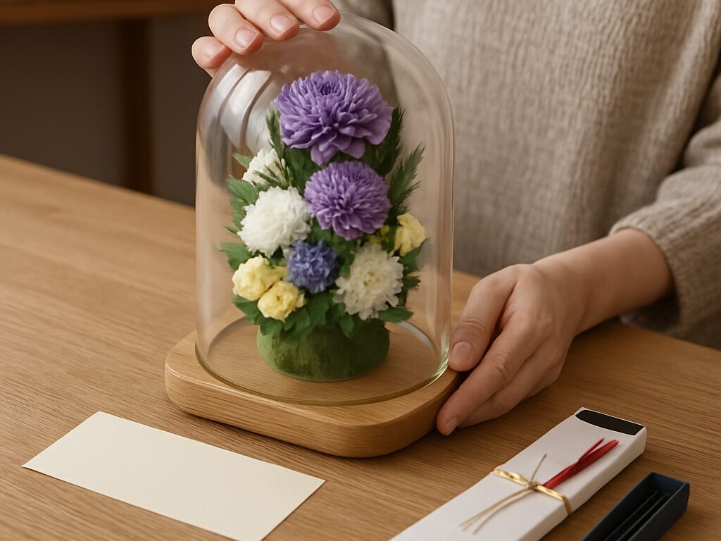 プリザーブドフラワーの仏花をガラスケースで保管する様子