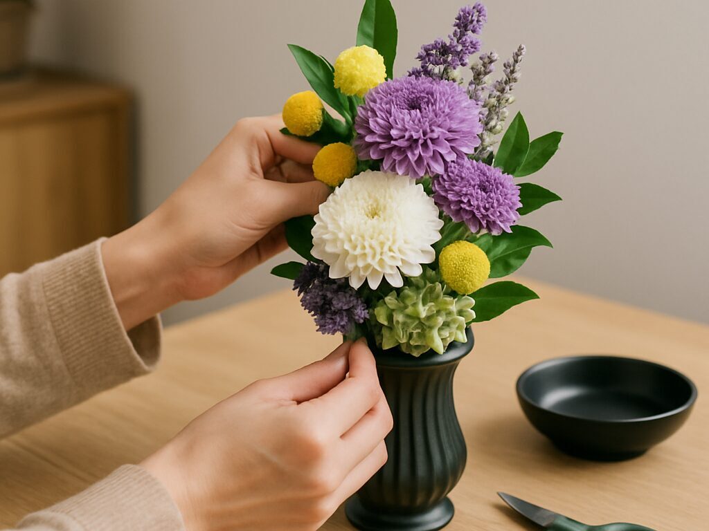 プリザーブドフラワーの菊の仏花を用意する様子