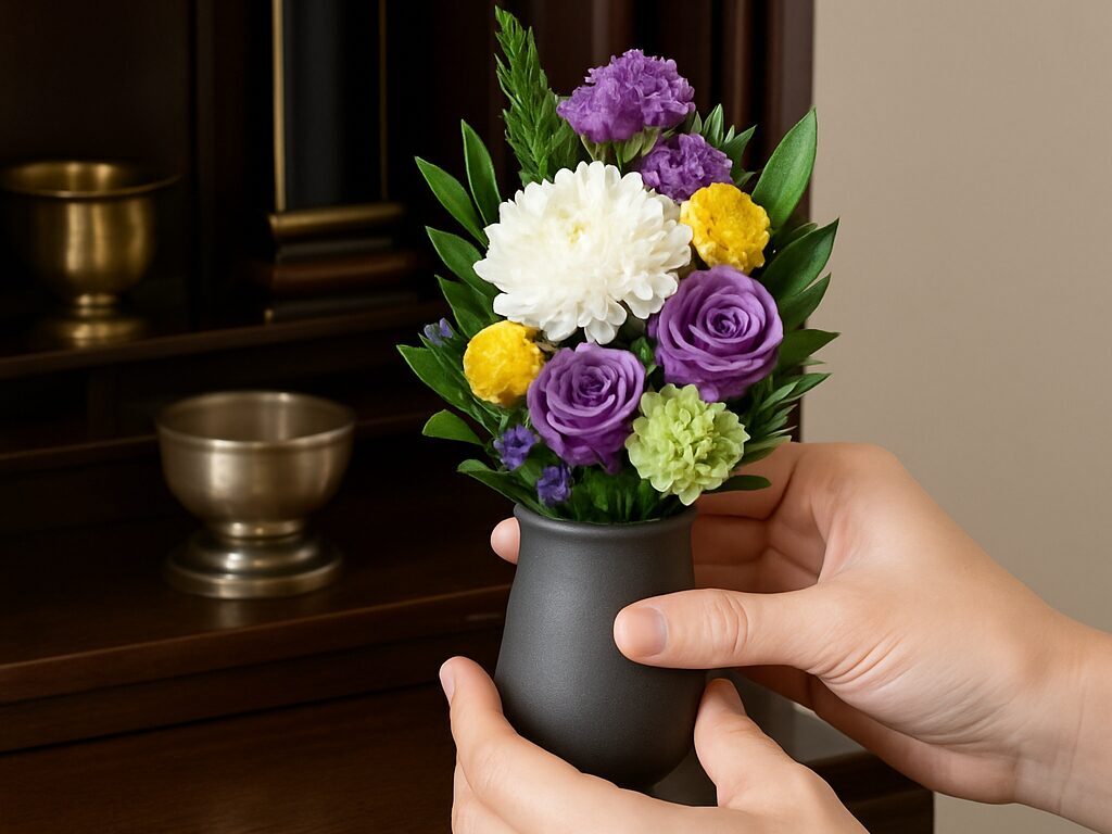 小さめのプリザーブドフラワーの仏花を用意する様子