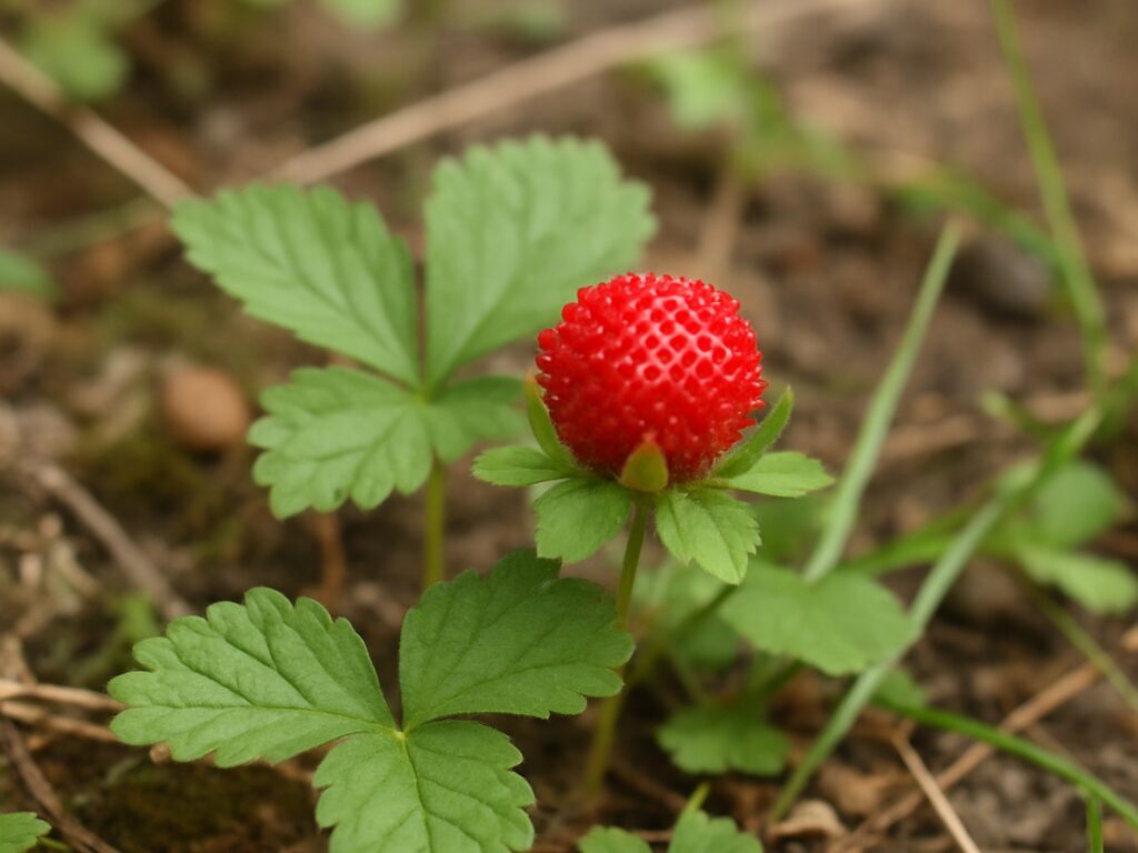 道端に生えたヤブヘビイチゴの赤い実の画像