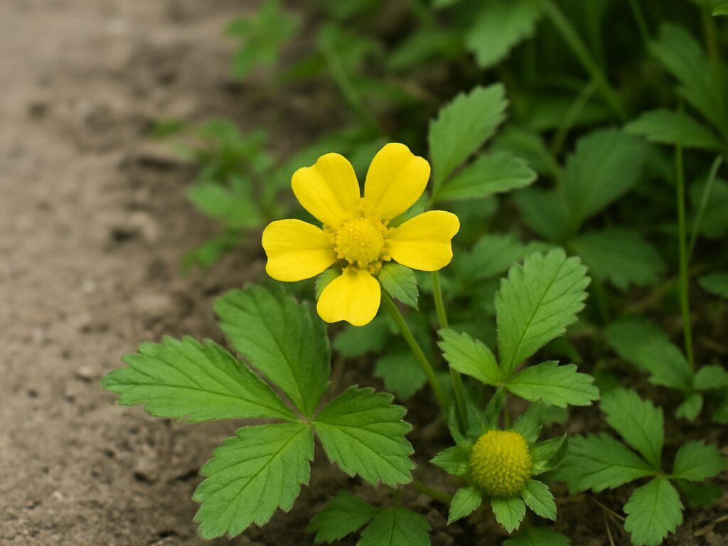 道端に生えたヤブヘビイチゴの画像