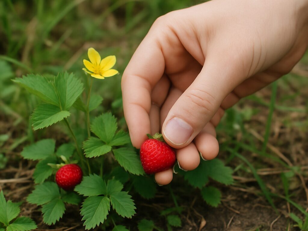 庭に生えたヤブヘビイチゴを取って食べる様子