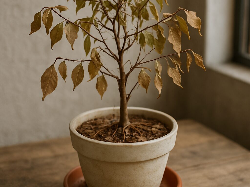 鉢植えのジャボチカバが乾燥して枯れかけてしまう様子