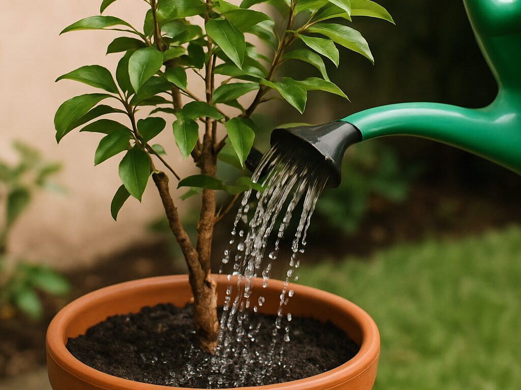 鉢植えのジャボチカバへ水をあげる様子