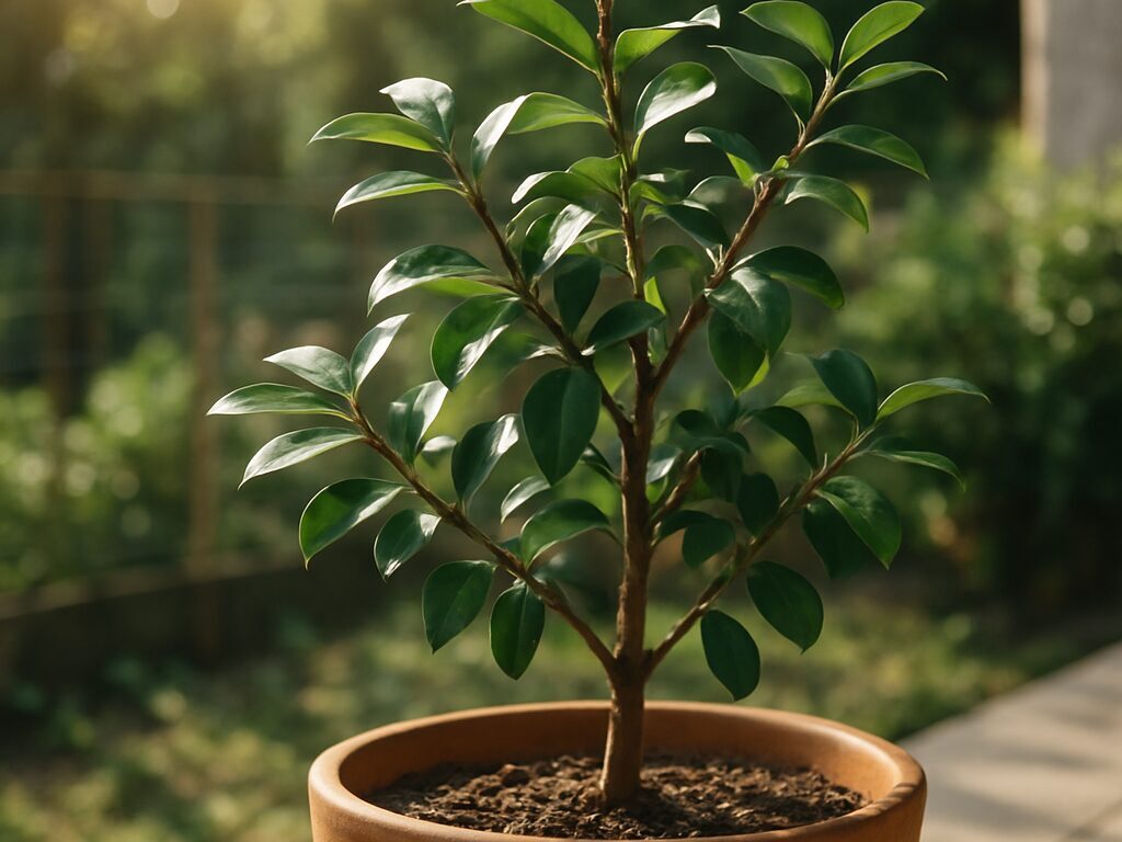 鉢植えのジャボチカバに日が当たる様子