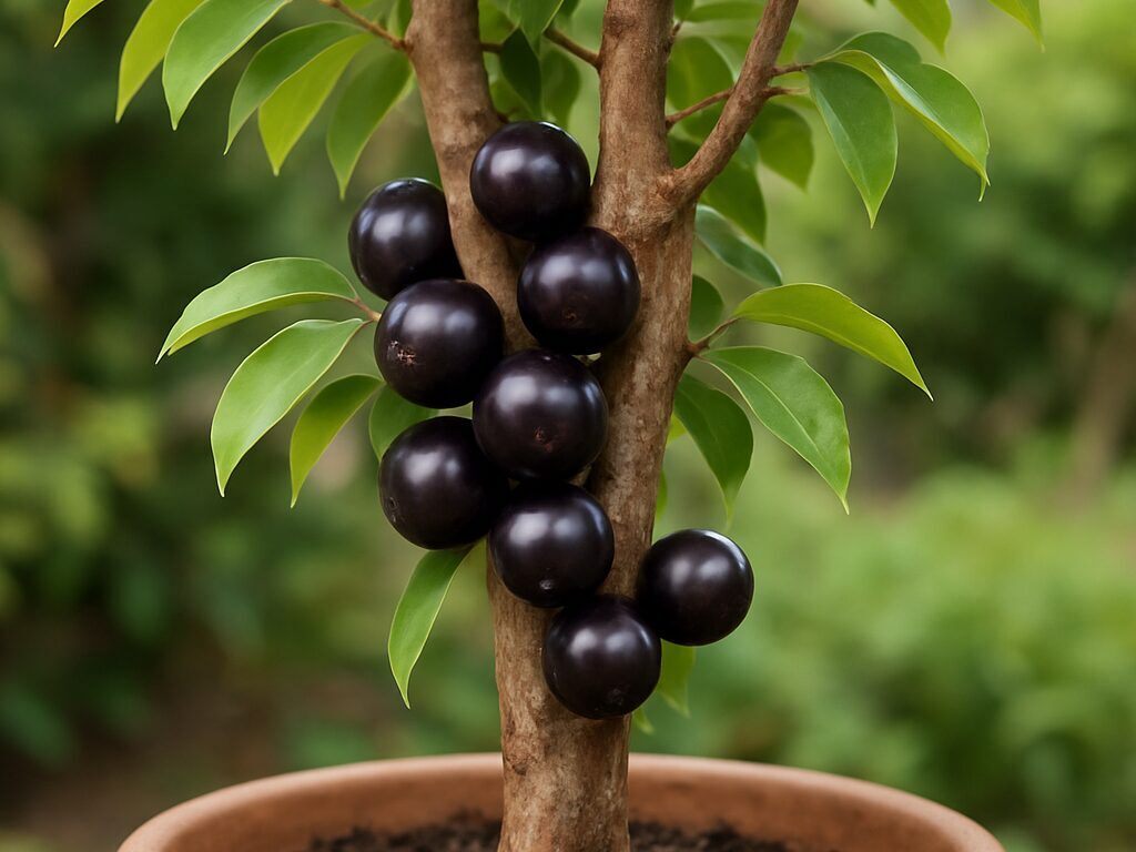 鉢植えのジャボチカバに実がなる様子