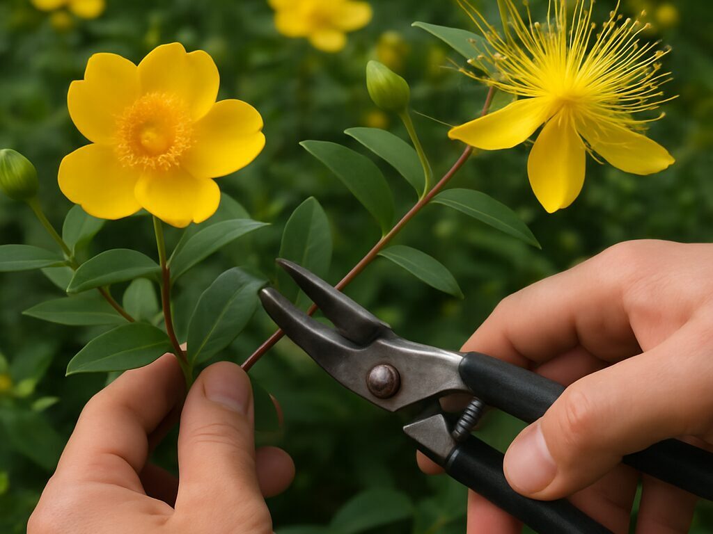 ビヨウヤナギの剪定をする様子