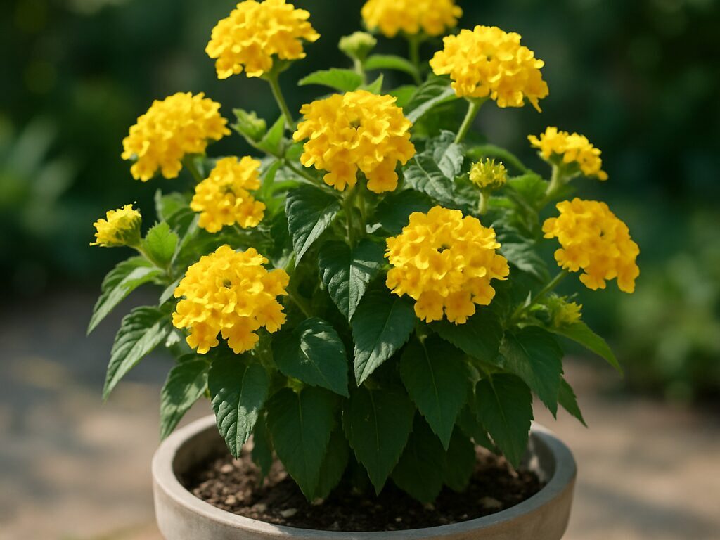鉢植えに咲くランタナの様子