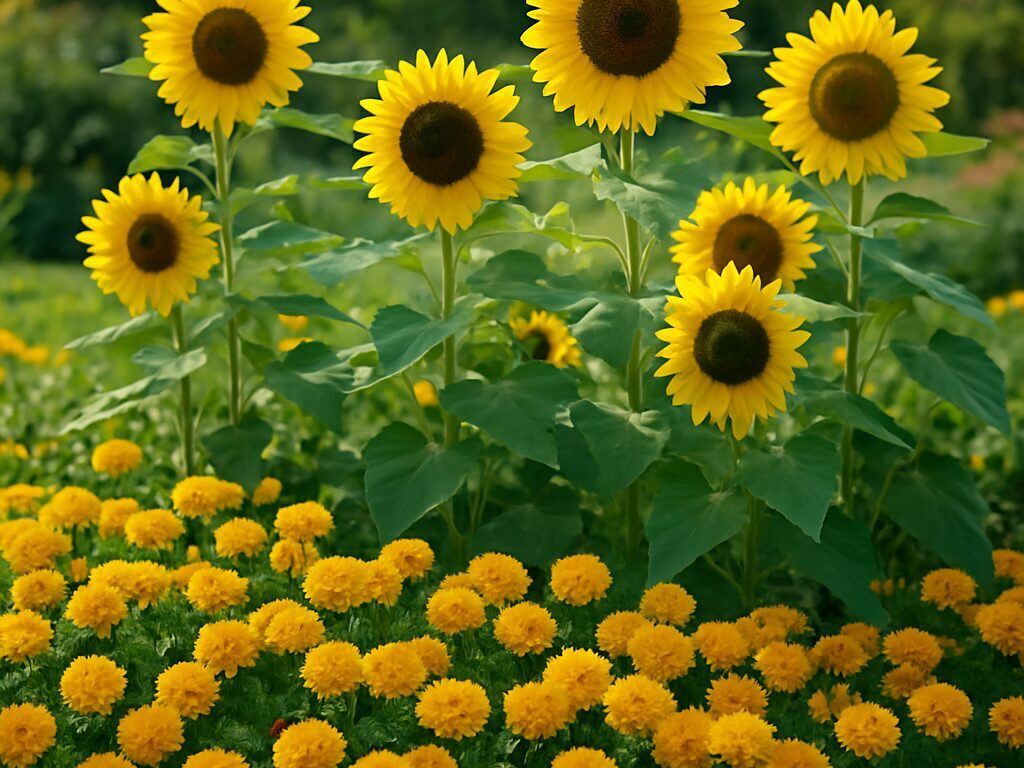 ひまわりとマリーゴールドの花壇