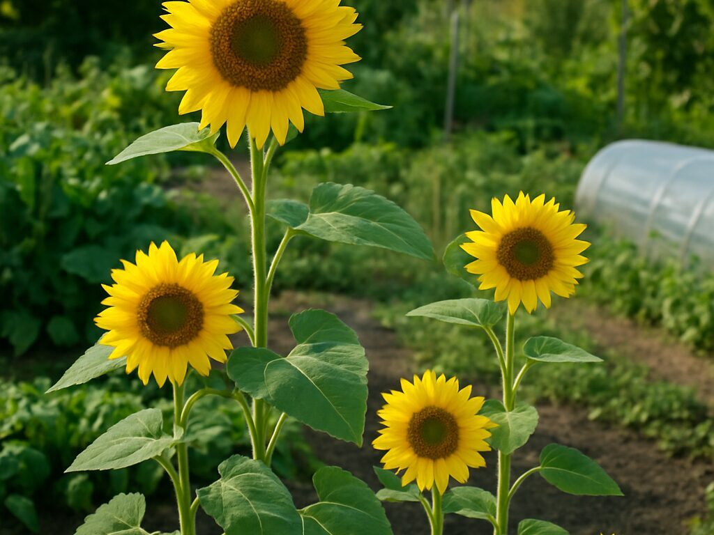 家庭菜園に咲くひまわりの花