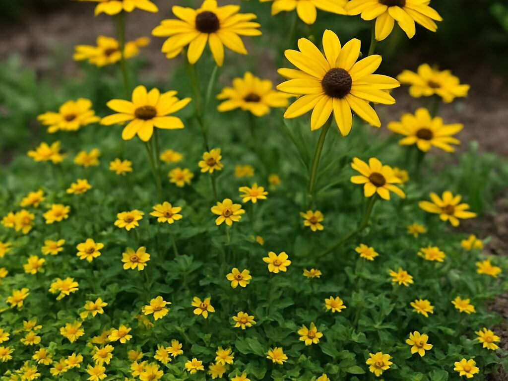 メカルドニアやサンビタリアをアクセントに用いた花壇