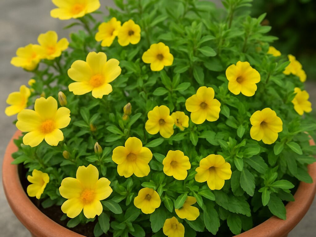 ポーチュラカやカリブラコアと緑色の植物を組み合わせたレイアウトの花壇