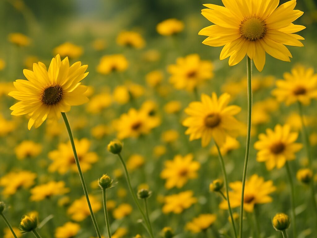 夏の風に揺れるコレオプシスの花壇