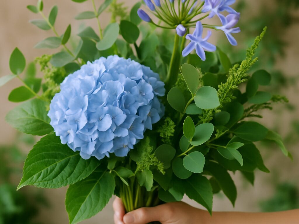 アジサイやアガパンサスなど季節の代表花を主役に、グリーン多めで軽やかなナチュラルスタイルの花束