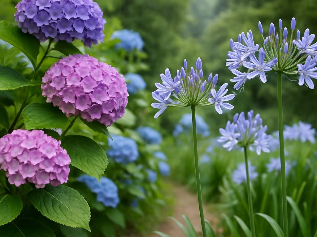 アジサイやアガパンサスの花が咲く様子