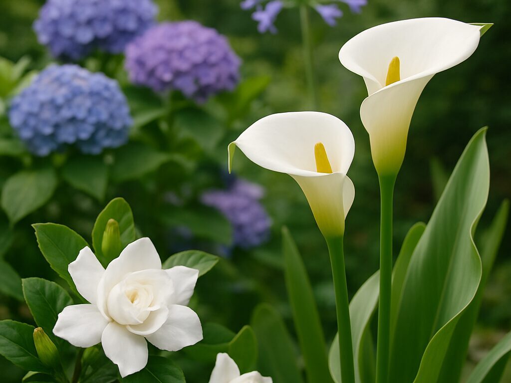 クチナシやカラーの花が咲く様子