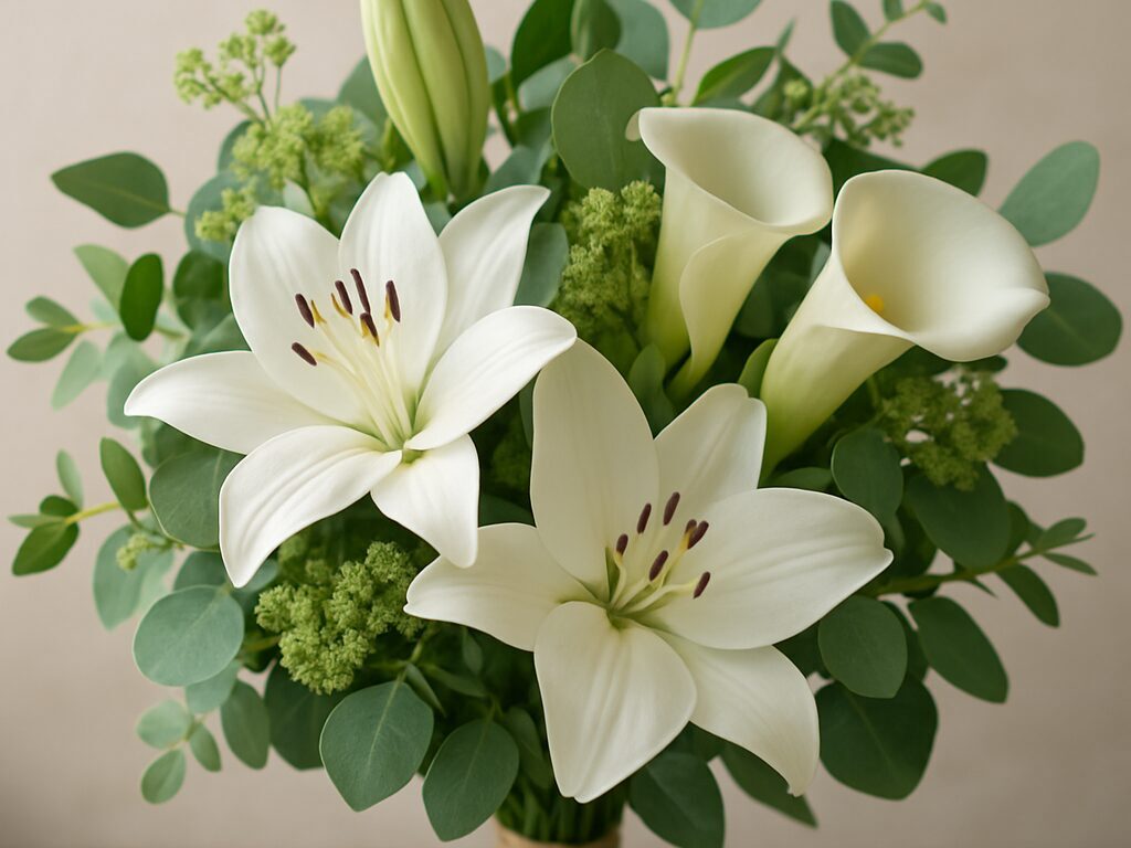 ユリ、カラー、緑系の植物を合わせた花束