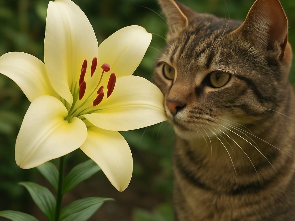 ユリの花と猫が近くにいる様子