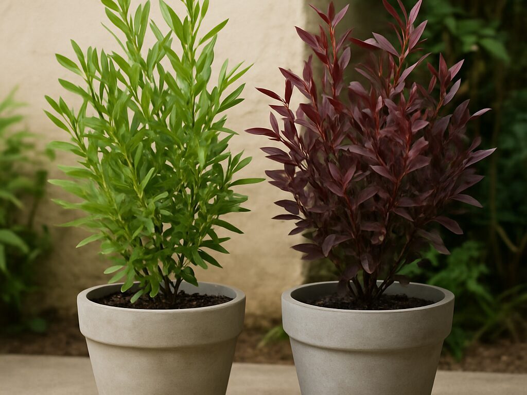 ビスコーサの鉢植えとドドナエアの鉢植えを並べた様子