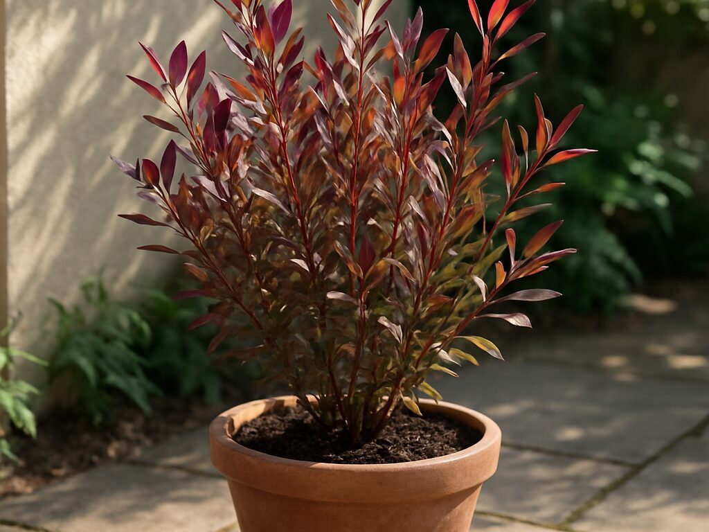 鉢植えのドドナエアに日光が当たる様子