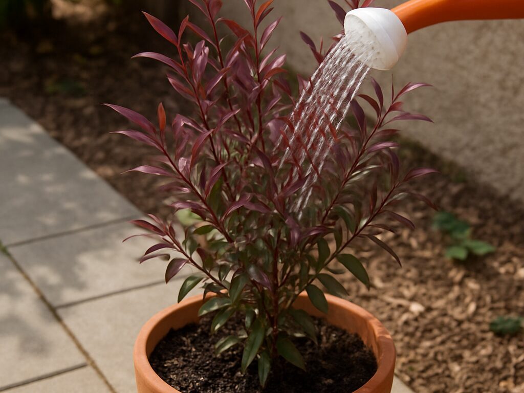 鉢植えのドドナエアに水やりをする様子