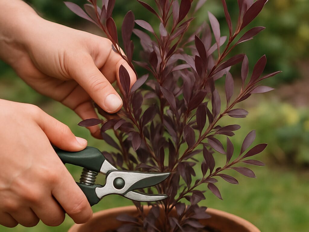 鉢植えのドドナエアを剪定する様子