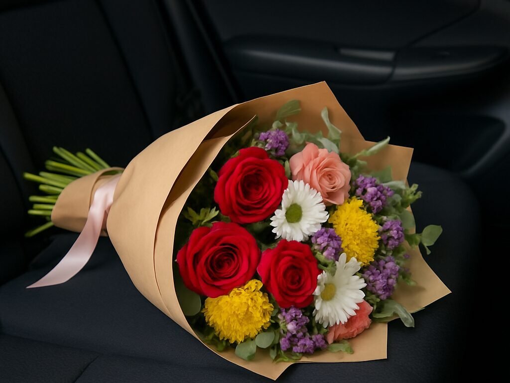 プレゼント用の花束を車の中で横向きに倒して置いている様子