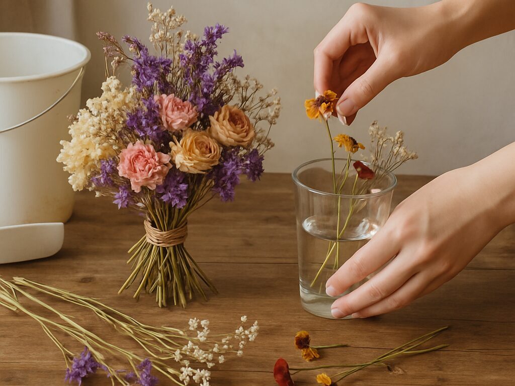 プレゼント用の花束を分解してドライフラワーを作成する様子