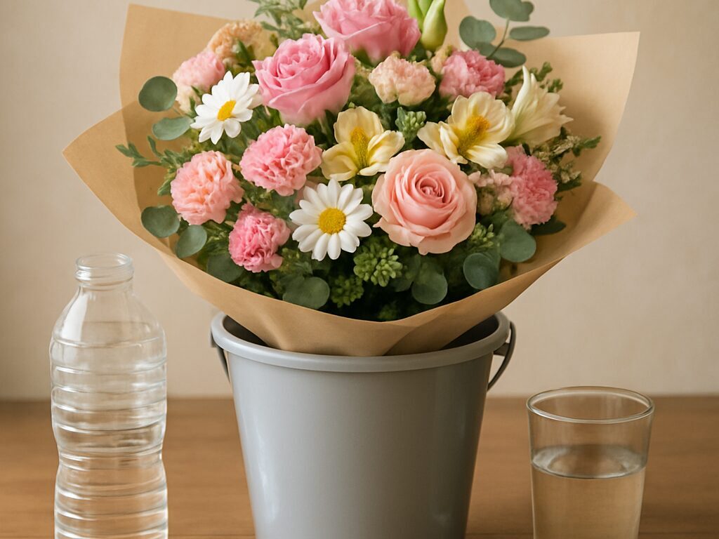 プレゼント用の花束を簡易バケツの中に水を張って水揚げする様子
