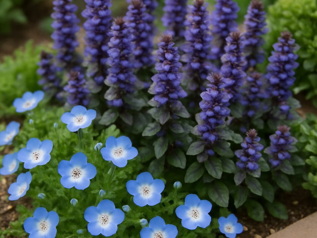 ネモフィラとアジュガを使ったおしゃれな花壇