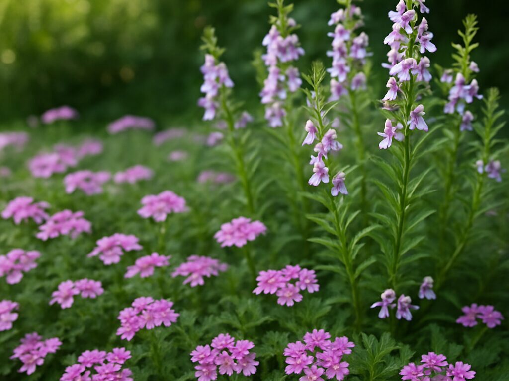 夏の花壇に咲くバーベナの様子