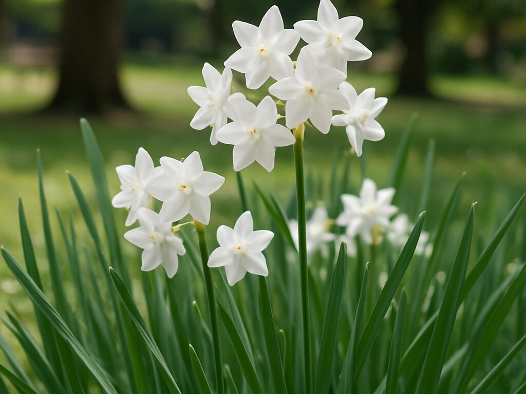 白花スイセンが公園で咲く様子