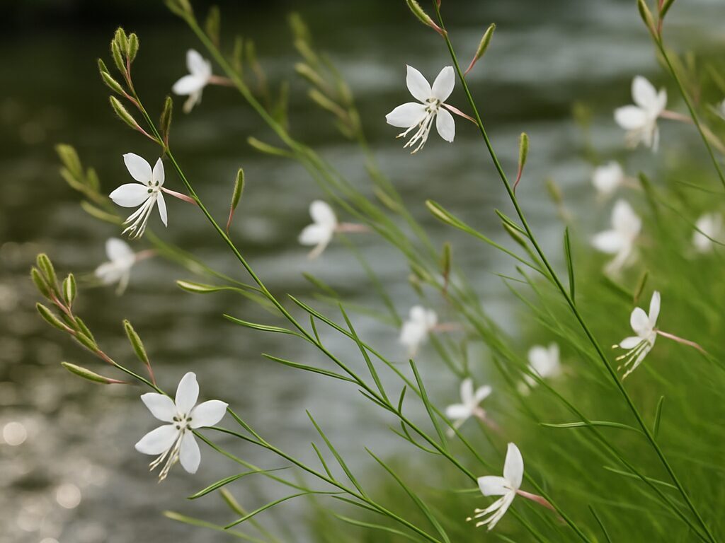 ガウラの花が川辺で咲く様子