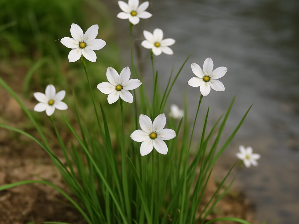 ニワゼキショウの花が川辺で咲く様子