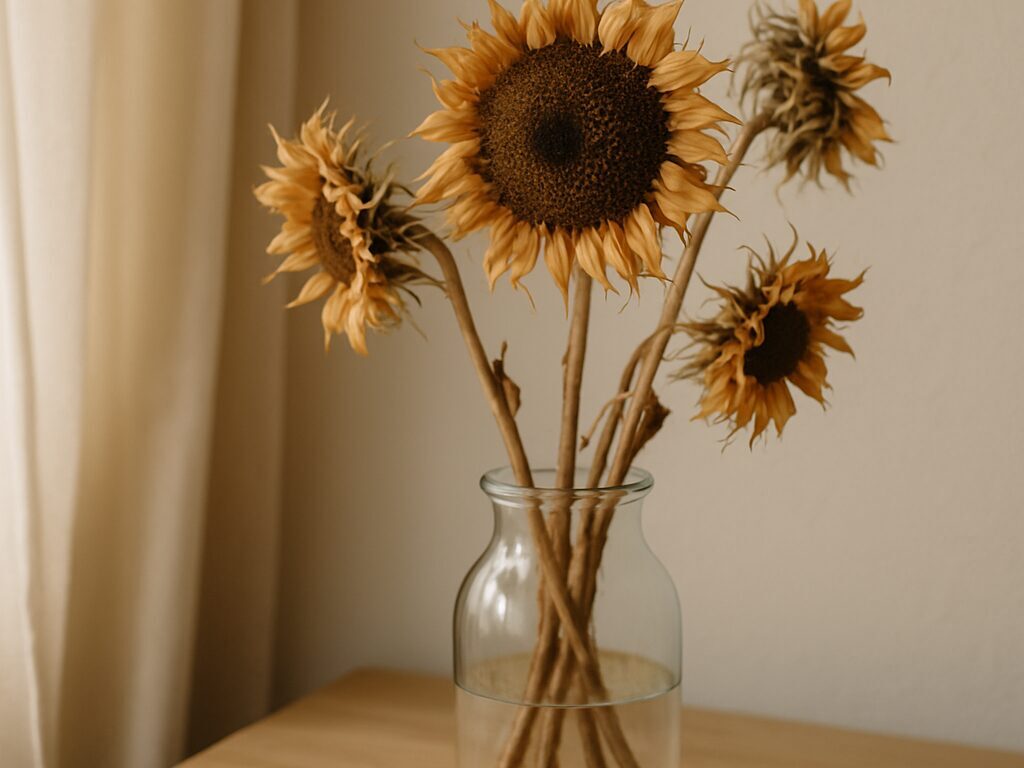 ひまわりのドライフラワーを花瓶に飾る様子