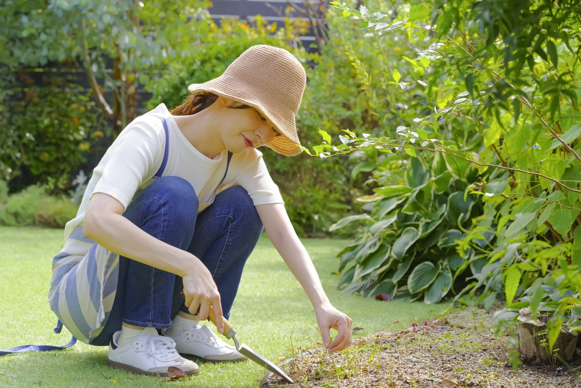 庭でガーデニングをする女性