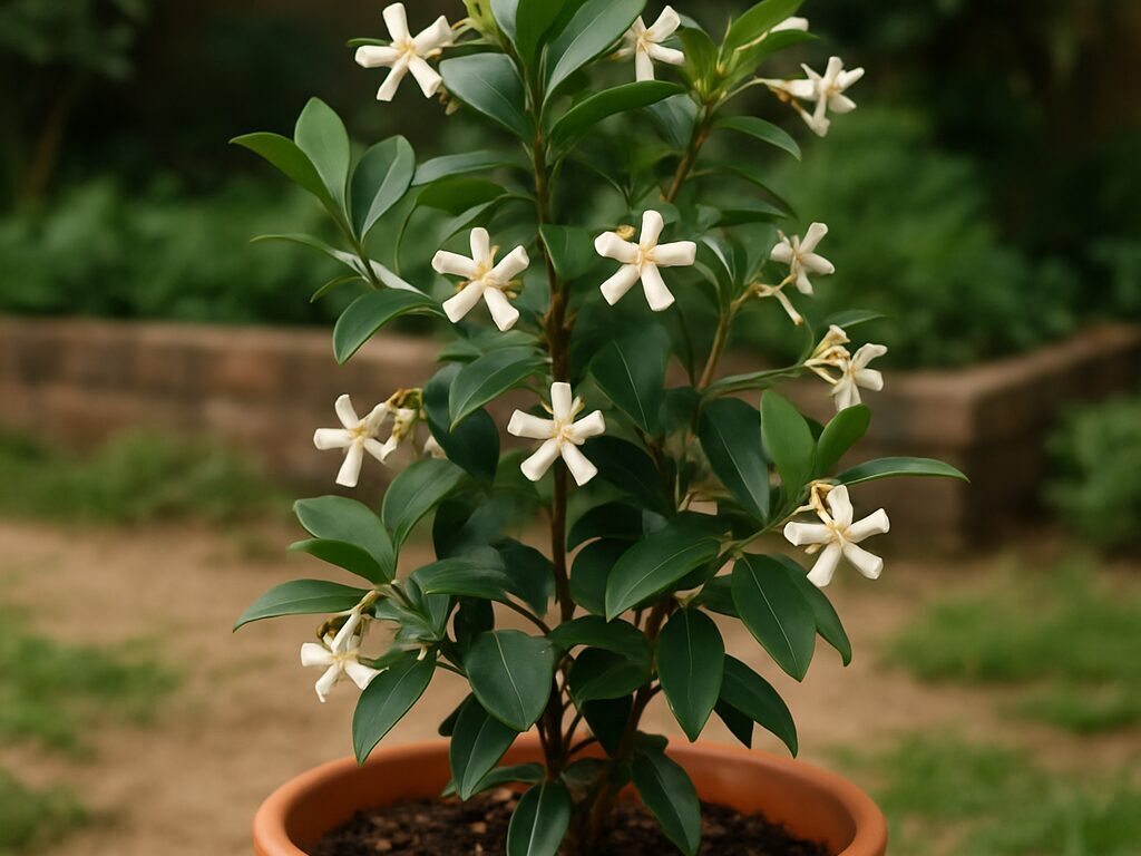 白い星形の花を密に咲かせるテイカカズラのつると艶のある濃緑葉の接写