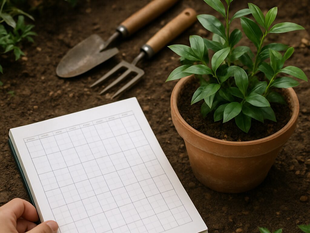 支柱に絡むテイカカズラを前に、じょうろと剪定ばさみ・緩効性肥料を用意した作業風景