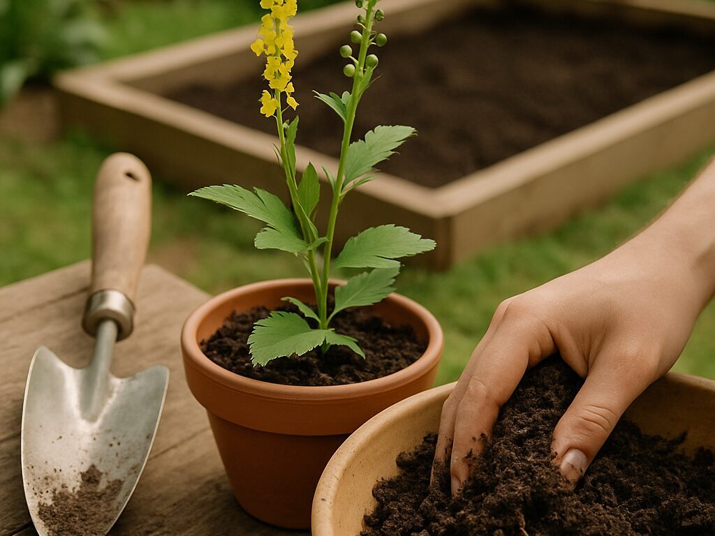 半日陰の花壇で腐葉土と赤玉土を混ぜ、キンミズヒキの苗を植える土づくりの手元