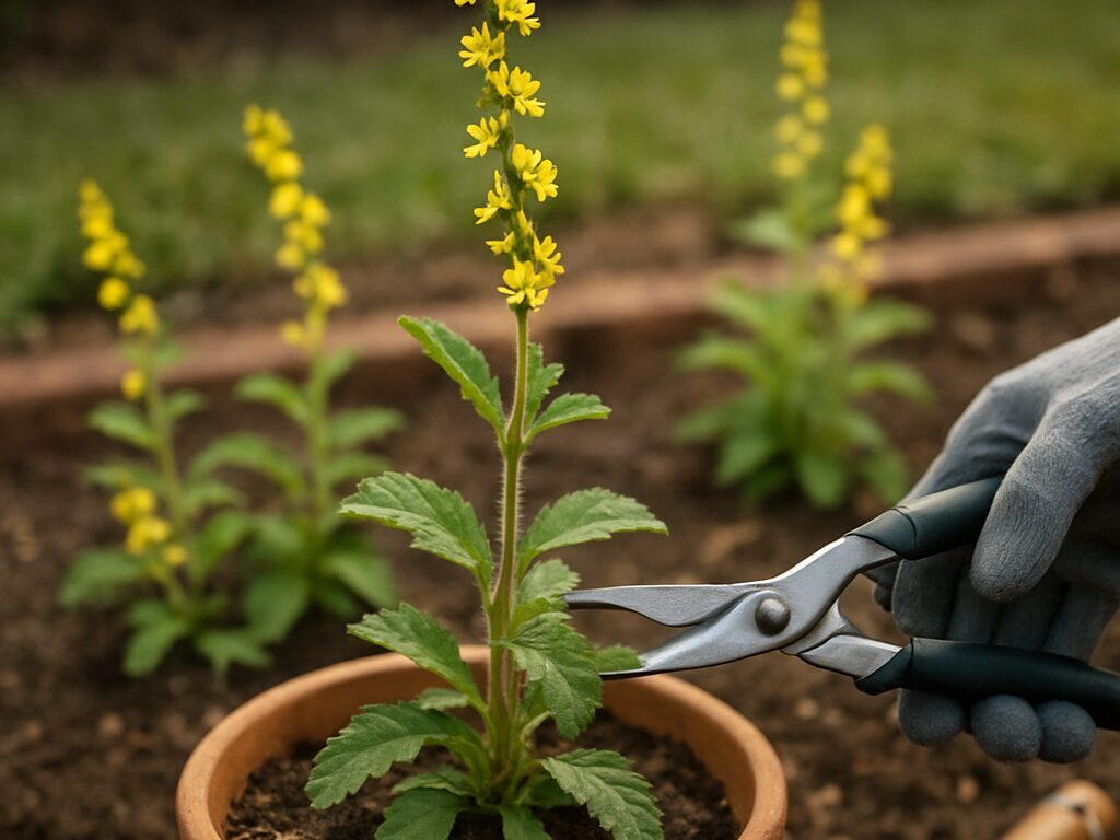 こぼれ種を防ぐため、咲き終わったキンミズヒキの花穂を剪定ばさみで切り戻す
