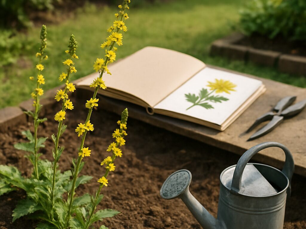 キンミズヒキの黄色い穂花を花瓶に活け、隣で押し花に挟む道具を並べた場面