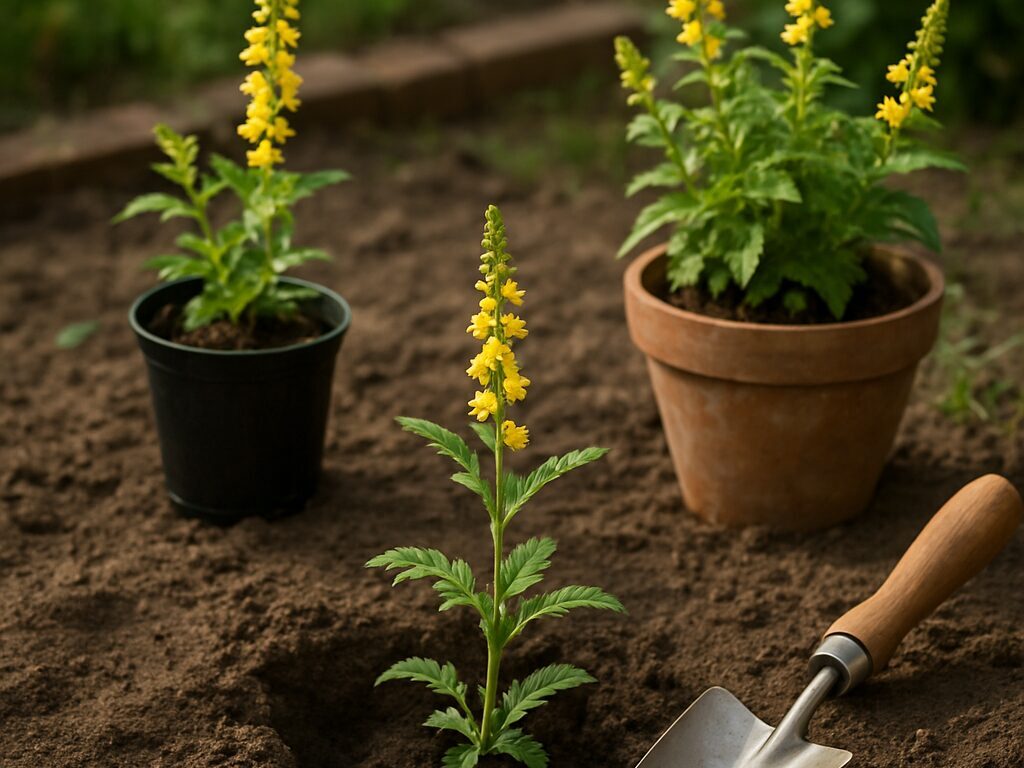 春の株分けで根茎を分け、間隔をあけてキンミズヒキの苗を植え付ける様子