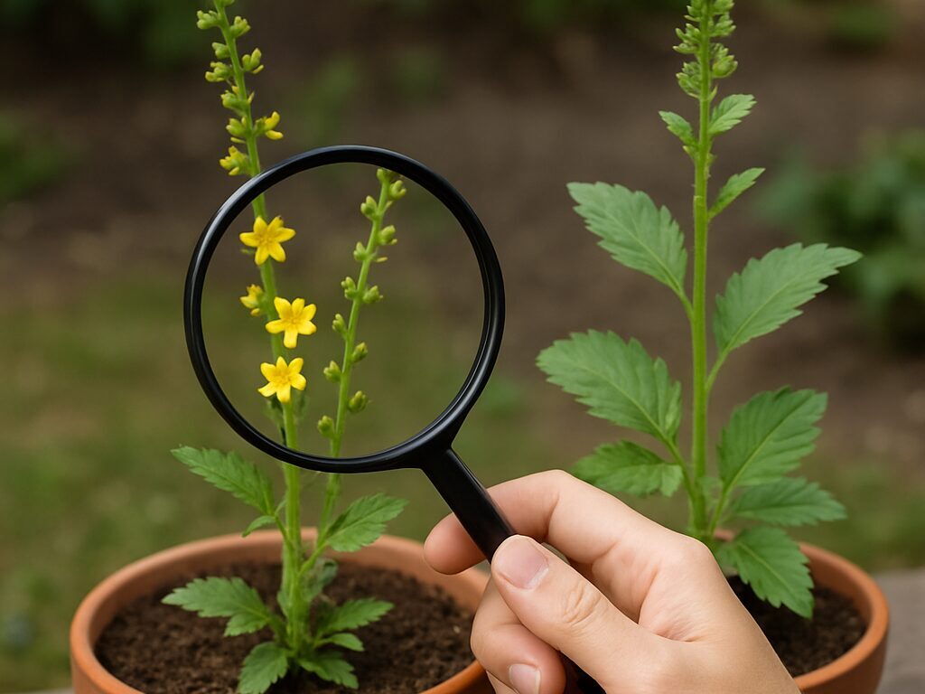 黄色の穂花のキンミズヒキと、糸状に赤白の小花が点るミズヒキを並べて比較