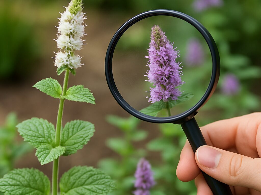 産毛のある丸葉と白桃色の穂花のアップルミントと、細長い葉のスペアミントの紫花を並べて比較