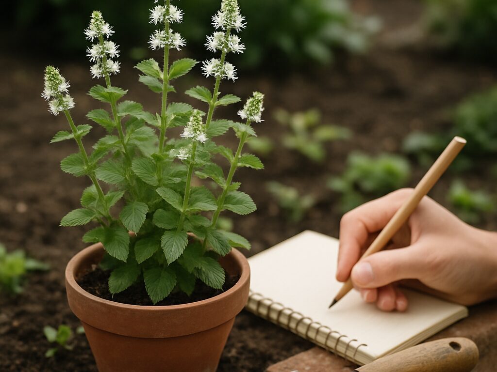 小さな鉢植えのアップルミントとジョウロ・園芸ばさみを並べた、基本管理を学ぶ初心者の作業台