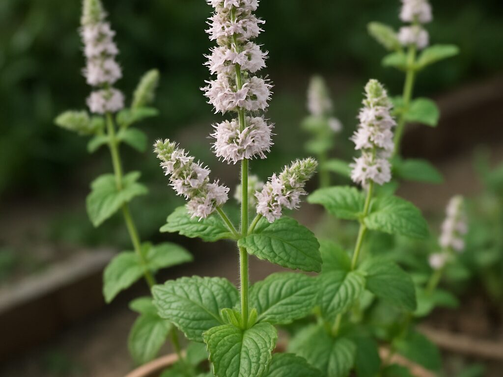 淡いピンクから白の穂状花をつけたアップルミントと、産毛のある丸葉の接写