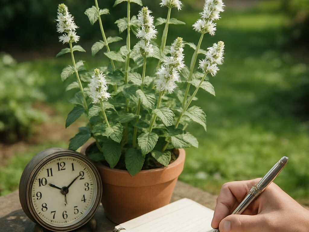 つぼみ・満開・終わりかけが同居するアップルミントの花穂を捉えた庭の一場面